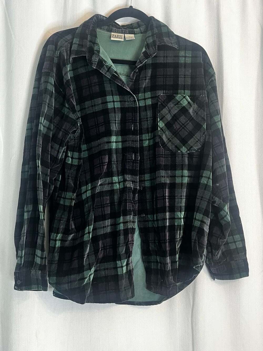 Paris Sport Club Vintage 90s Y2K Green & Purple Plaid Velour Button Down Shirt L